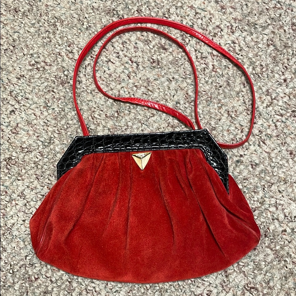 Vintage 80s/90s Red Suede Women's Bag with clip close top and jewel acce…